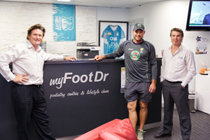 Ryan Harris with Greg Dower and Darren Stewart of my FootDr podiatry centres